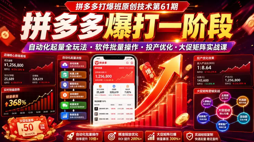拼多多打爆班原创技术第61期，拼多多爆打一阶段，自动化起量全玩法・软件批量操作・投产优化・大促矩阵实战课|青心网创站