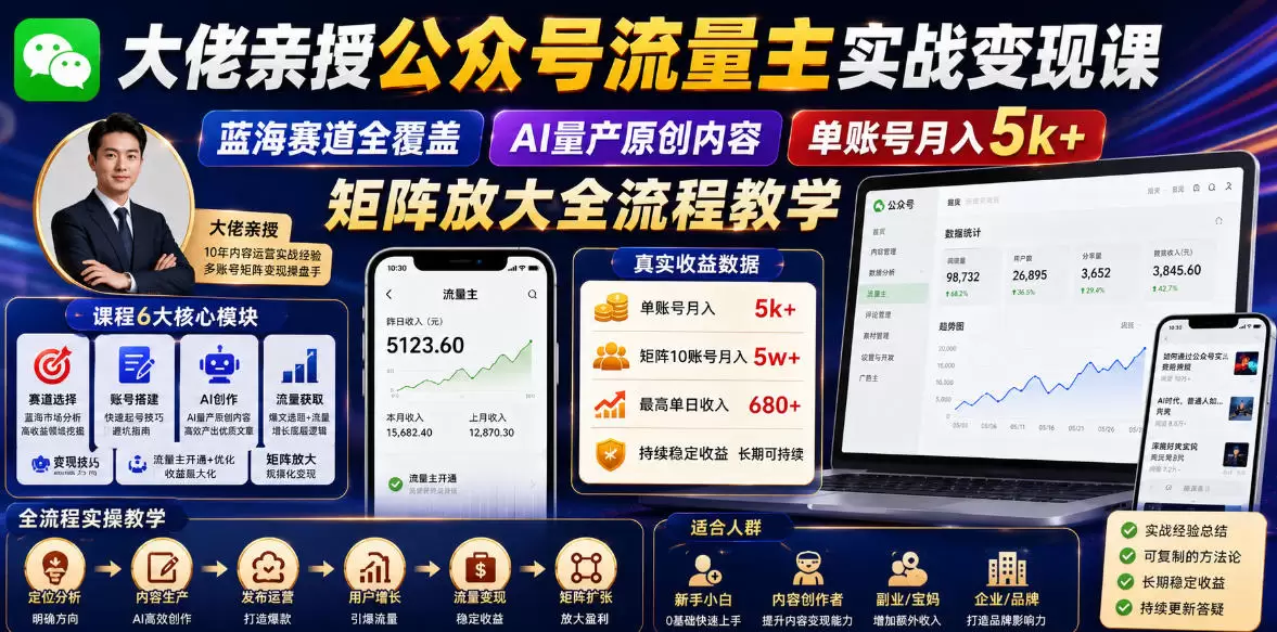 大佬亲授公众号流量主实战变现课，蓝海赛道全覆盖，AI量产原创内容，单账号月入5k+矩阵放大全流程教学|青心网创站