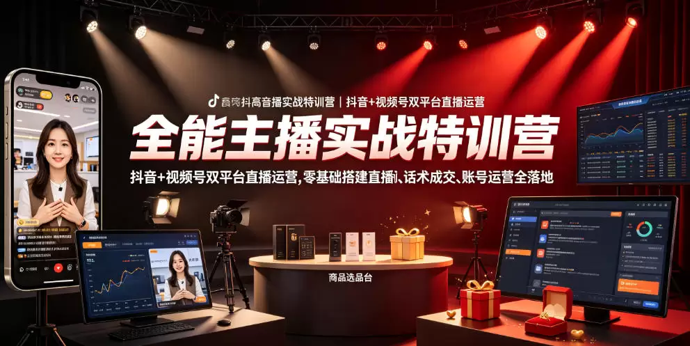 全能主播实战特训营｜抖音+视频号双平台直播运营，零基础搭建直播间、精准选品、话术成交、账号运营全落地|青心网创站