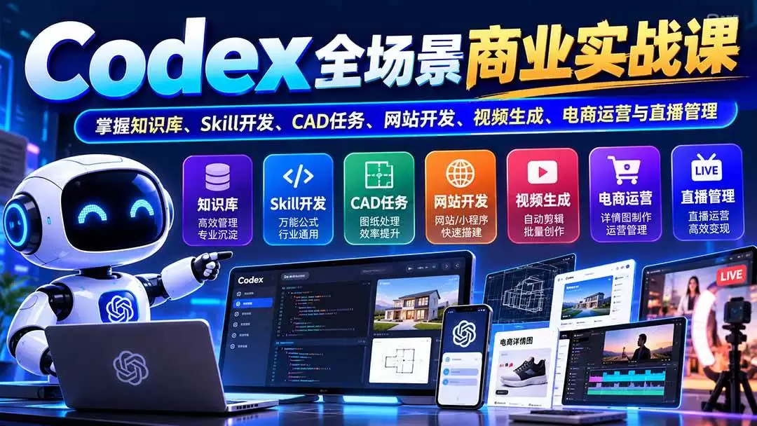 （20712期）【无水印】Codex全场景商业实战课：掌握知识库、Skill开发、CAD任务、网站开发、视频生成、电商运营与直播管理 - 青心资源站