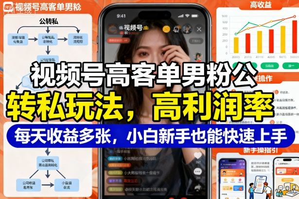 视频号高客单男粉公转私玩法,高利润率每天收益多张,小白新手也能快速上手