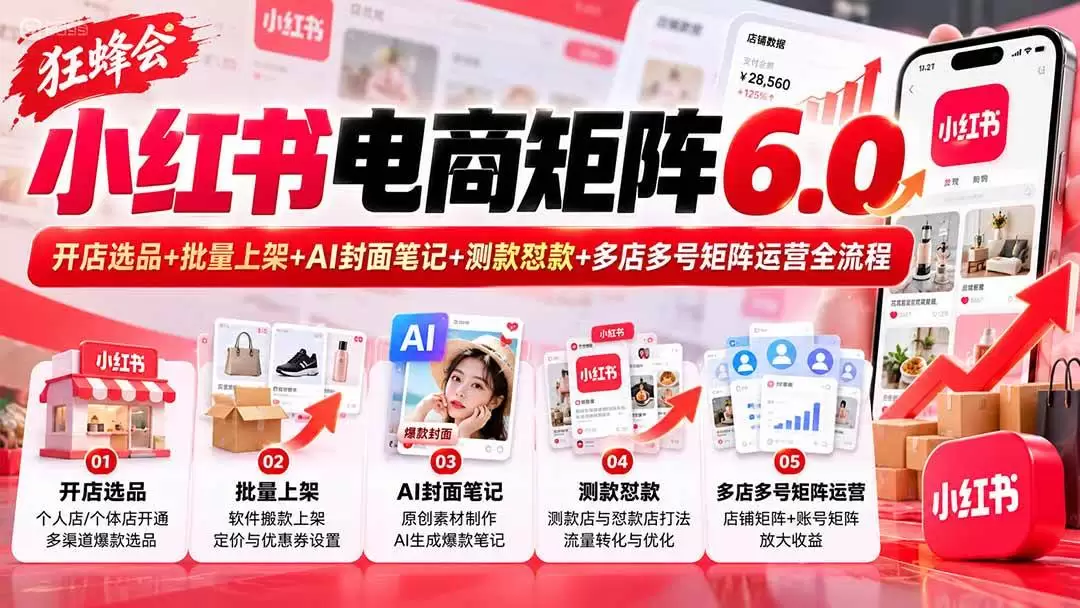 （20732期）【无水印】狂蜂会小红书电商矩阵6.0：开店选品+批量上架+AI封面笔记+测款怼款+多店多号矩阵运营全流程 - 青心资源站
