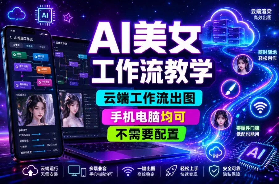 AI美女工作流教学，云端工作流出图，手机电脑均可，不需要配置，快速起号涨粉|青心网创站