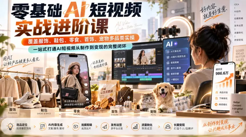 零基础AI短视频实战进阶课，覆盖服饰、鞋包、零食、首饰、宠物多品类实操，一站式打通AI短视频从制作到变现的完整闭环 - 青心资源站