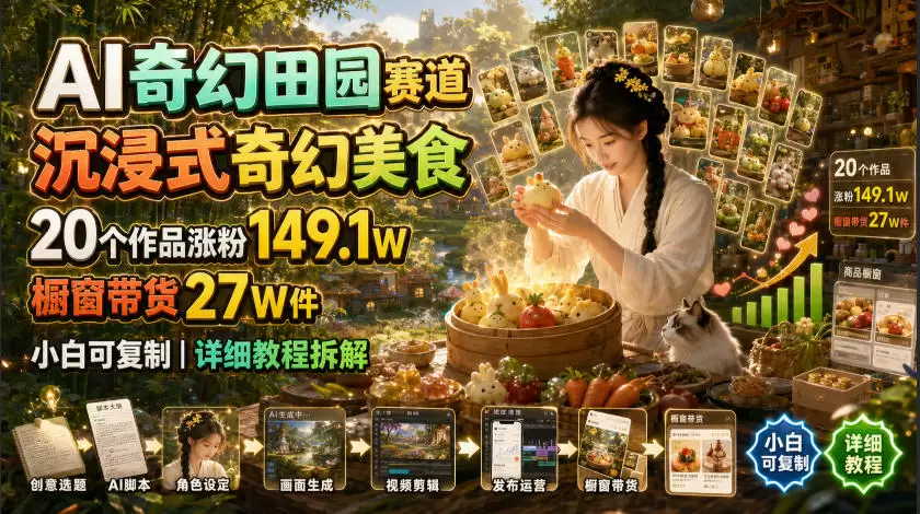 AI奇幻田园赛道，沉浸式奇幻美食，20个作品涨粉149.1W，橱窗带货27W件，小白可复制，详细教程拆解|青心网创站