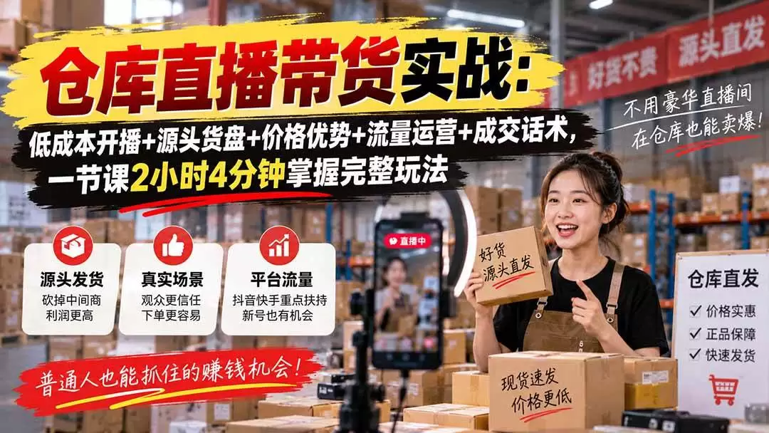 (20471期)仓库直播带货实战:低成本开播+源头货盘+价格优势+流量运营+成交话术,一节课2小时4分钟掌握完整玩法 (20471期)仓库直播带货实战:低成本开播+源头货盘+价格优势+流量运营+成交话术,一节课2小时4分钟掌握完整玩法