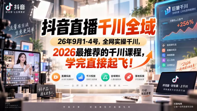 抖音直播千川全域26年9月1-4号,全网实操千川,2026最推荐的千川课程,学完直接起飞! 抖音直播千川全域26年9月1-4号,全网实操千川,2026最推荐的千川课程,学完直接起飞!