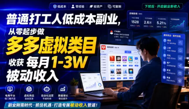 普通打工人低成本副业，从零起步做多多虚拟类目，收获每月1-3W被动收入【揭秘】|青心网创站