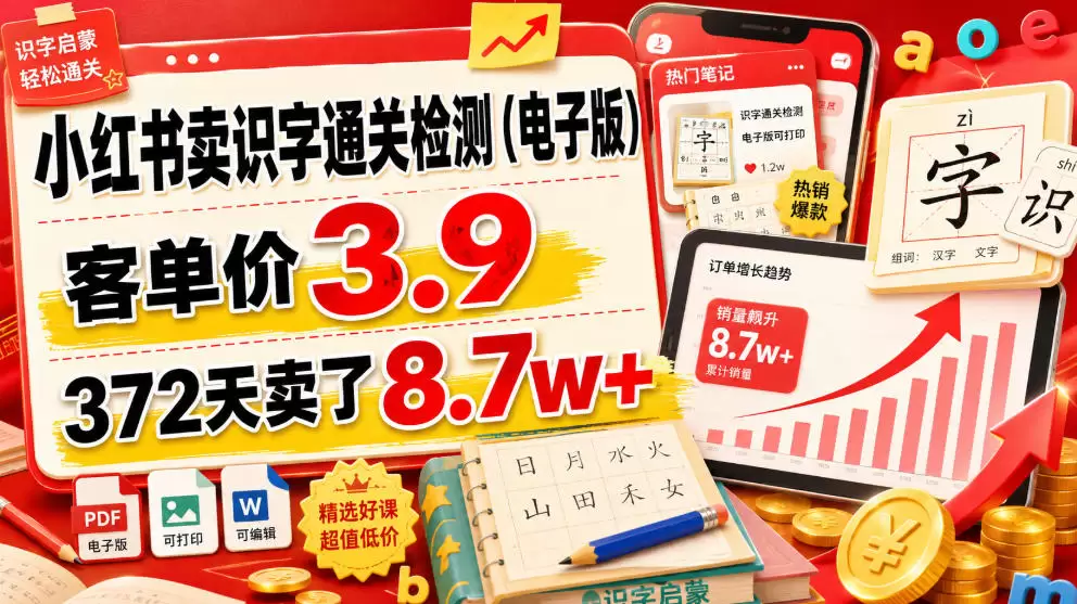 小红书卖识字通关检测（电子版），客单价3.9，372天卖了8.7w+|青心网创站