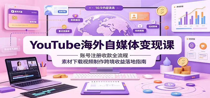 YouTube海外自媒体变现课：账号注册收款全流程，素材下载视频制作跨境收益落地指南|青心网创站