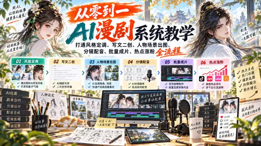 从零到一AI漫剧系统教学，打通风格定调、写文二创、人物场景出图、分镜配音、批量成片、热点涨粉全流程 - 青心资源站