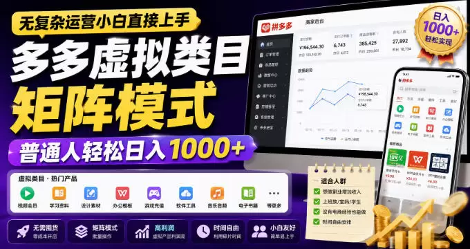 无复杂运营小白直接上手，多多虚拟类目矩阵模式，普通人轻松日入1000+【揭秘】 - 青心资源站