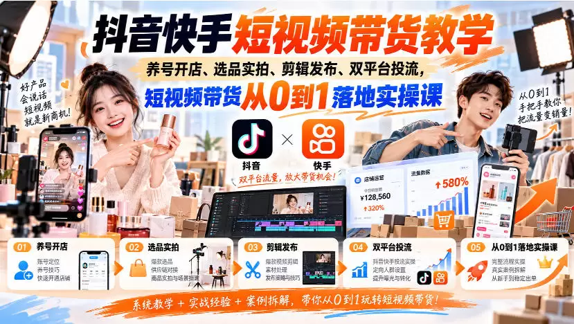 抖音快手短视频带货教学｜养号开店、选品实拍、剪辑发布、双平台投流，短视频带货从0到1落地实操课 - 青心资源站