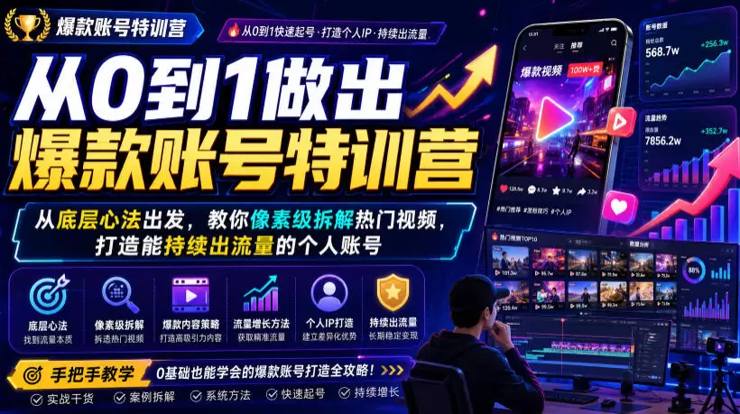 从0到1做出爆款账号特训营，从底层心法出发，教你像素级拆解热门视频，打造能持续出流量的个人账号|青心网创站