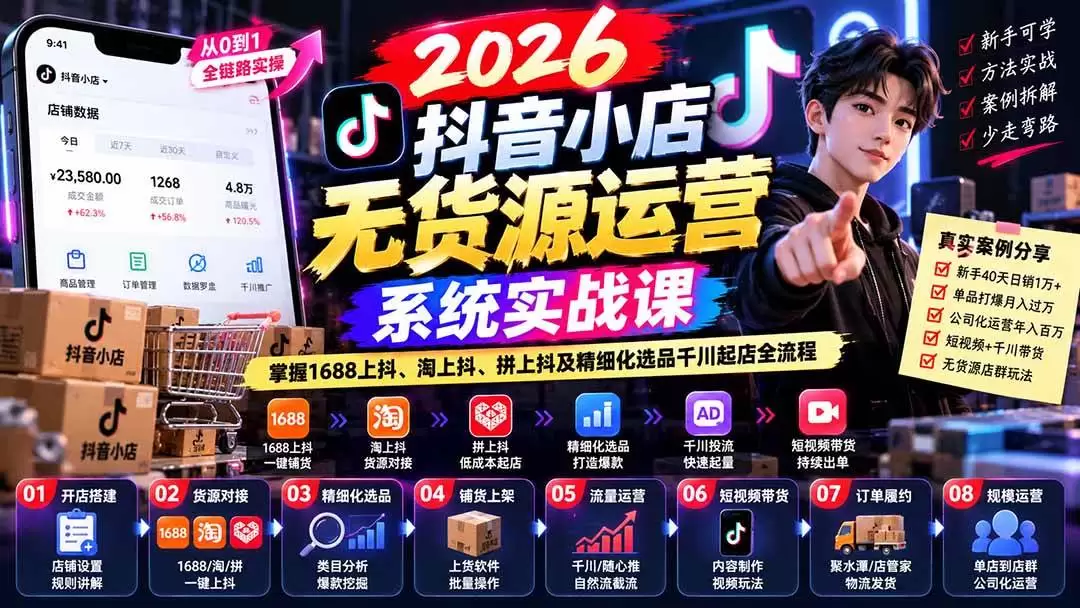 （20659期）2026抖音小店无货源运营系统实战课：掌握1688上抖、淘上抖、拼上抖及精细化选品千川起店全流程
