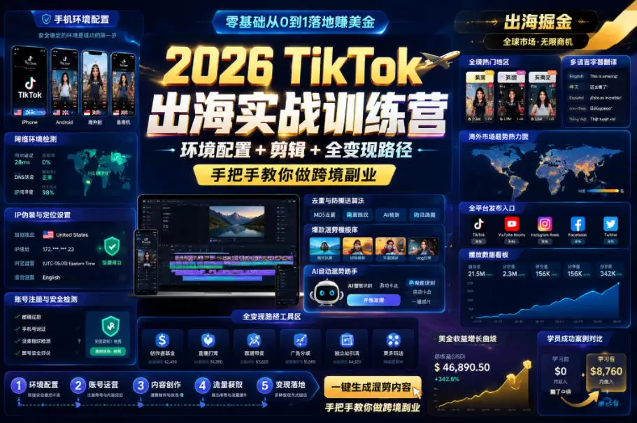 2026 TikTok出海实战训练营，环境配置 + 剪辑 + 全变现路径，手把手教你做跨境副业|青心网创站