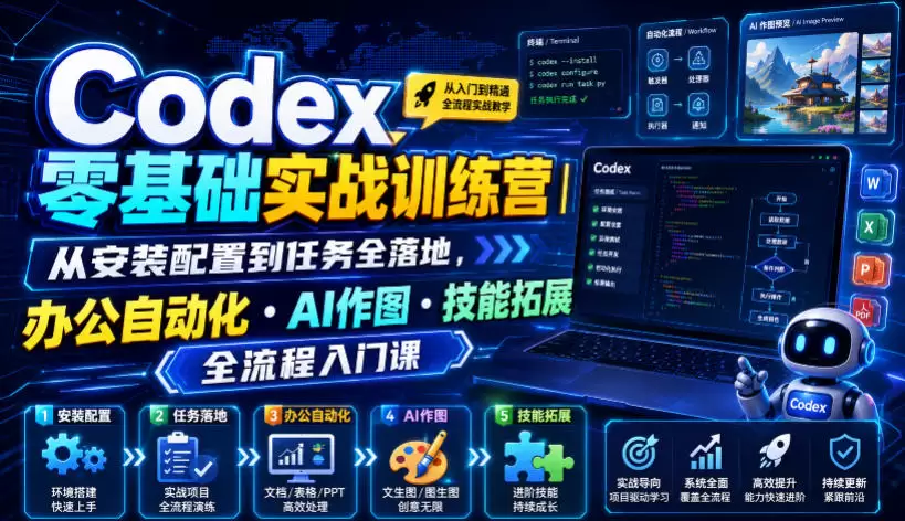 Codex零基础实战训练营｜从安装配置到任务全落地，办公自动化・AI作图・技能拓展全流程入门课|青心网创站
