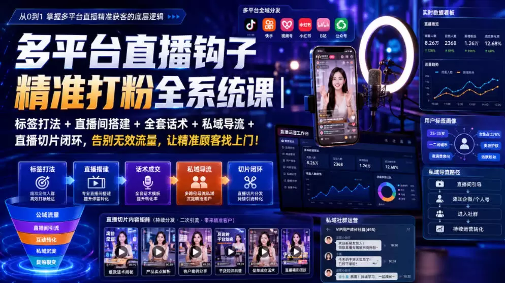 多平台直播钩子精准打粉全系统课｜标签打法+直播间搭建+全套话术+私域导流+直播切片闭环，告别无效流量，让精准顾客找上门！|青心网创站