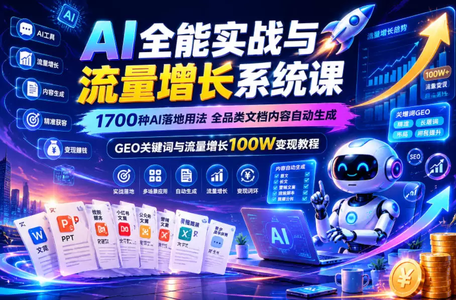 AI全能实战与流量增长系统课，1700种AI落地用法，全品类文档内容自动生成，GEO关键词与流量增长100W变现教程|青心网创站