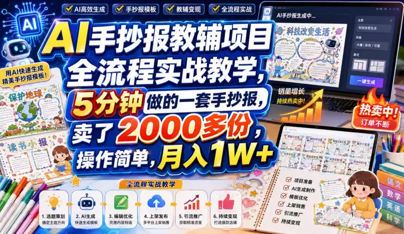 AI手抄报教辅项目全流程实战教学，5分钟做的一套手抄报，卖了2000多份，操作简单，月入1W+|青心网创站