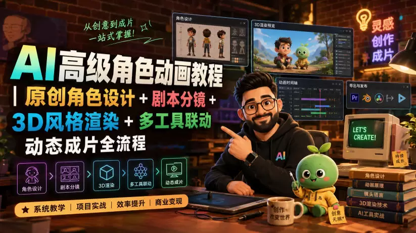 AI高级角色动画教程|原创角色设计+剧本分镜+3D风格渲染+多工具联动动态成片全流程【中英字幕】