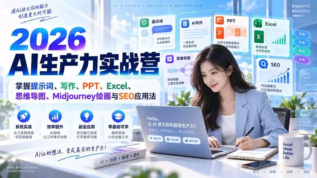 （20307期）2026AI生产力实战营：掌握提示词、写作、PPT、Excel、思维导图、Midjourney绘画与SEO应用法 - 青心资源站