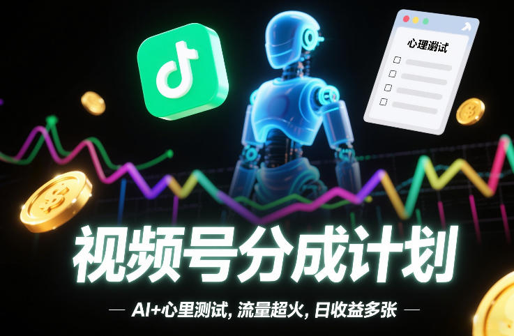 视频号分成计划，AI+心里测试，流量超火，日收益多张