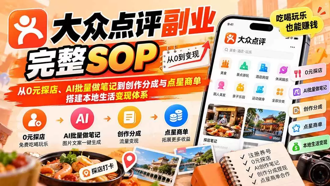 （20638期）【无水印】大众点评副业完整SOP：从0元探店、AI批量做笔记到创作分成与点星商单，搭建本地生活变现体系 - 青心资源站