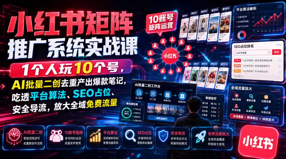 小红书矩阵推广系统实战课｜1个人玩10个号，AI批量二创去重产出爆款笔记，吃透平台算法、SEO占位、安全导流，放大全域免费流量|青心网创站