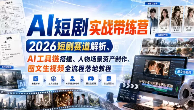 AI短剧实战带练营｜2026短剧赛道解析、AI工具链搭建、人物场景资产制作、图文生视频全流程落地教程 - 青心资源站
