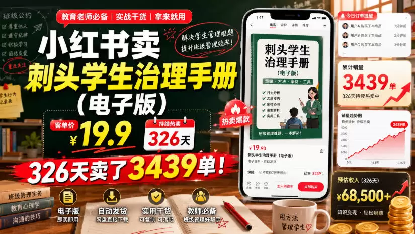 小红书卖刺头学生治理手册（电子版），客单价19.9，326天卖了3439单！|青心网创站