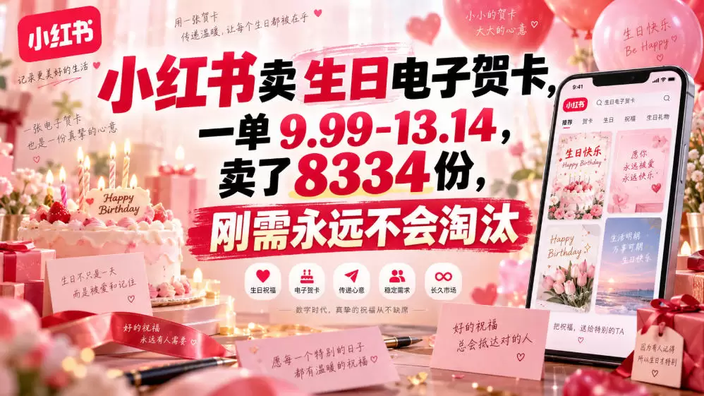 小红书卖生日电子贺卡，一单9.99-13.14，卖了8334份，刚需永远不会淘汰 - 青心资源站