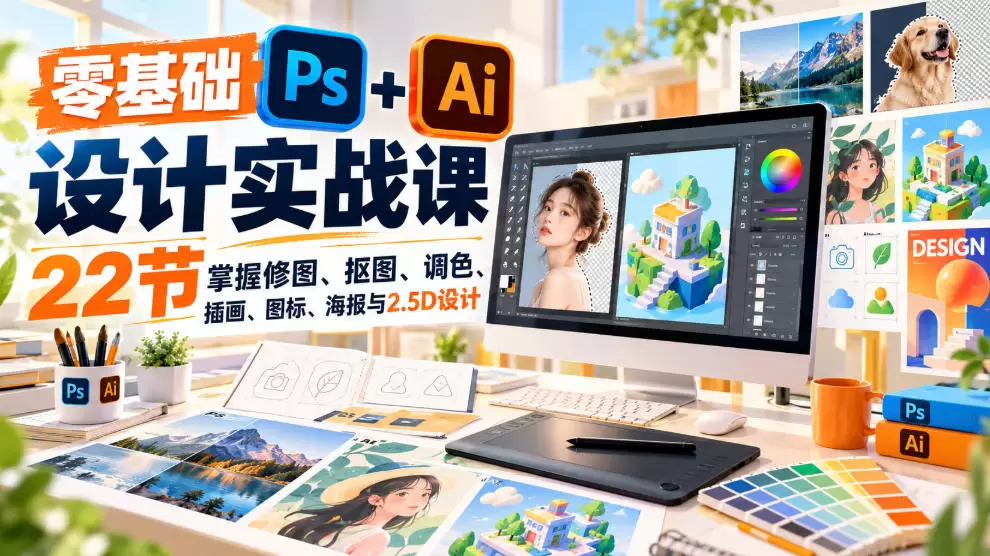 【无水印】零基础PS+AI设计实战课｜22节掌握修图、抠图、调色、插画、图标、海报与2.5D设计 - 青心资源站