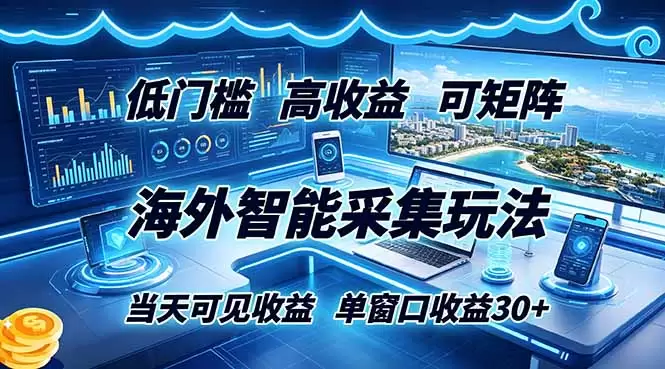 海外智能采集玩法，低门槛高单价可矩阵，当天可见收益，单窗口30+|青心网创站