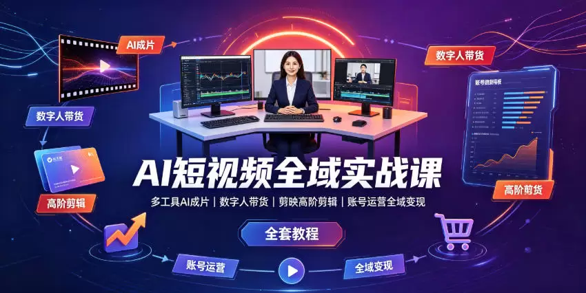 AI短视频全域实战课｜多工具AI成片、数字人带货、剪映高阶剪辑、账号运营全域变现全套教程|青心网创站