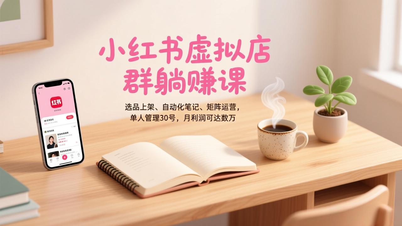 小红书虚拟店群躺赚课，选品上架、自动化笔记、矩阵运营，单人管理30号，月利润可达数万青心网创青心网创站