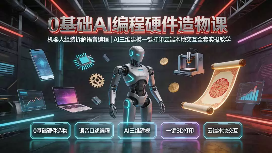 0基础AI编程硬件造物课｜机器人组装拆解语音编程，AI三维建模一键打印云端本地交互全套实操教学|青心网创站