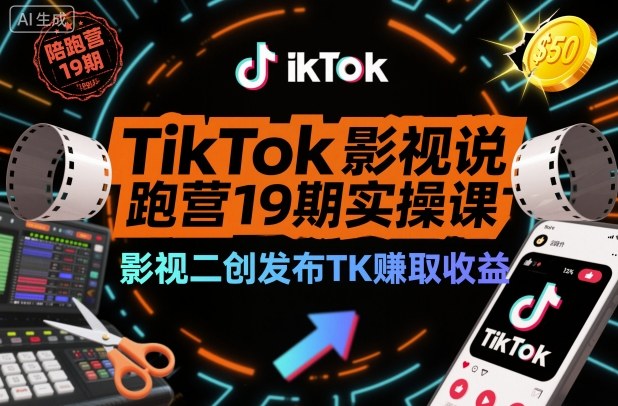 TikTok影视解说陪跑营19期实操课，影视二创发布TK賺取收益，万播收益50美金-青心网创站