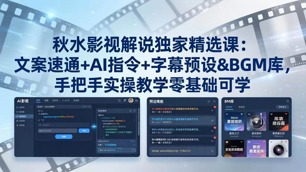 （18080期）秋水影视解说独家精选课：文案速通+AI指令+字幕预设+BGM库，手把手实操教学零基础可学|青心网创站