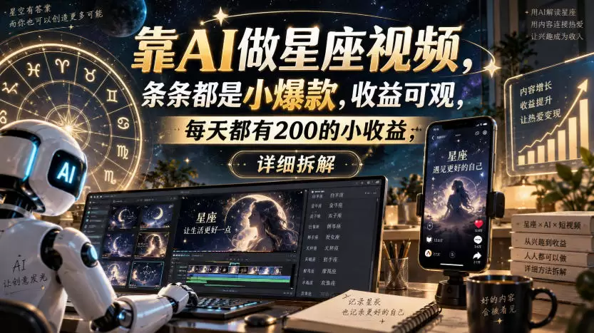 靠AI做星座视频，条条都是小爆款，收益可观，每天都有200的小收益，详细拆解 - 青心资源站