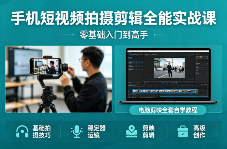 手机短视频拍摄剪辑全能实战课：零基础入门到高手，稳定器运镜+电脑剪映全套自学教程|青心网创站