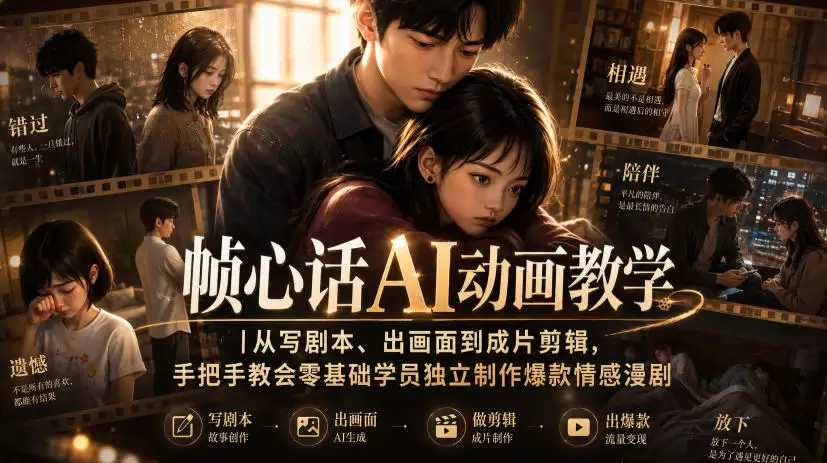 帧心话AI动画教学｜从写剧本、出画面到成片剪辑，手把手教会零基础学员独立制作爆款情感漫剧 - 青心资源站