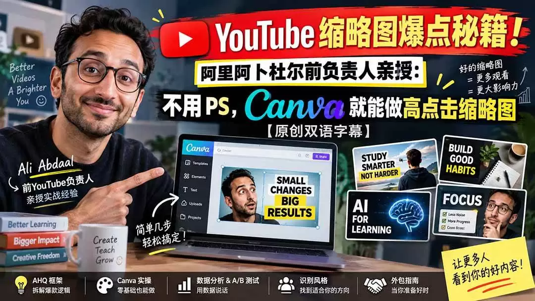 （20474期）YouTube 缩略图爆点秘籍！阿里阿卜杜尔前负责人亲授：不用 PS，Canva 就能做高点击缩略图【原创双语字幕】