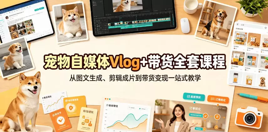 宠物自媒体Vlog+带货全套课程｜从图文生成、剪辑成片到带货变现一站式教学|青心网创站