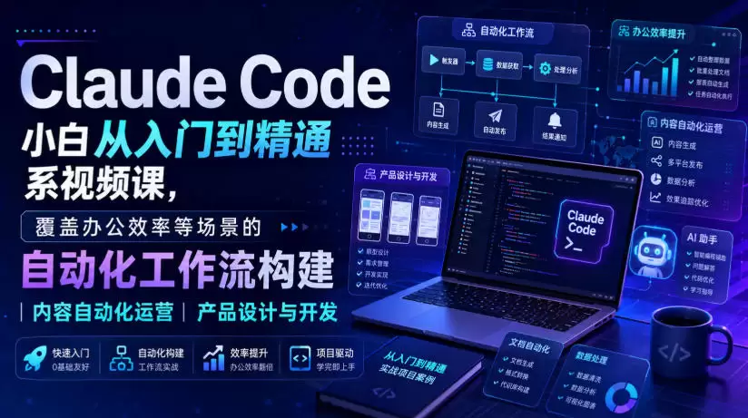Claude Code小白从入门到精通系视频课，覆盖办公效率等场景的自动化工作流构建|内容自动化运营|产品设计与开发|青心网创站