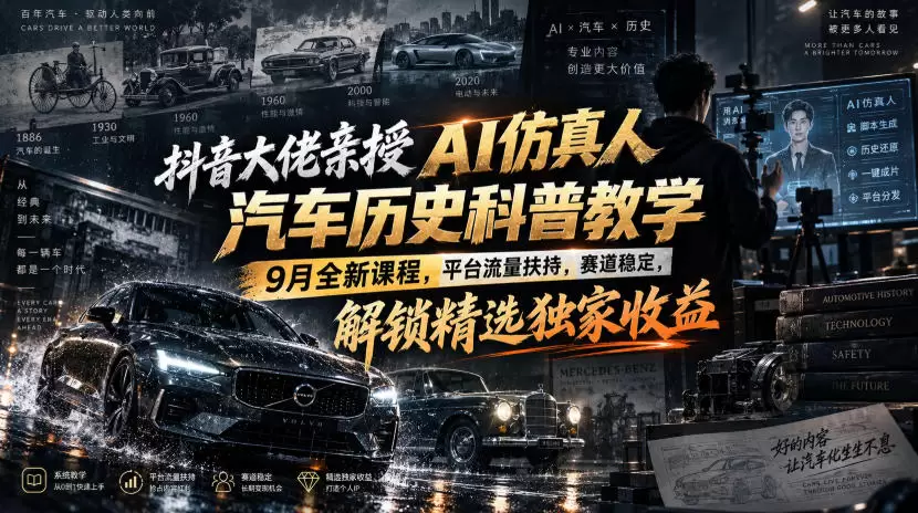 抖音大佬亲授AI仿真人汽车历史科普教学,9月全新课程,平台流量扶持,赛道稳定,解锁精选独家收益 抖音大佬亲授AI仿真人汽车历史科普教学,9月全新课程,平台流量扶持,赛道稳定,解锁精选独家收益