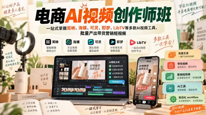 电商AI视频创作师班，一站式掌握剪映、海螺、可灵、即梦、LibTV等多款AI视频工具，批量产出带货营销短视频|青心资源站