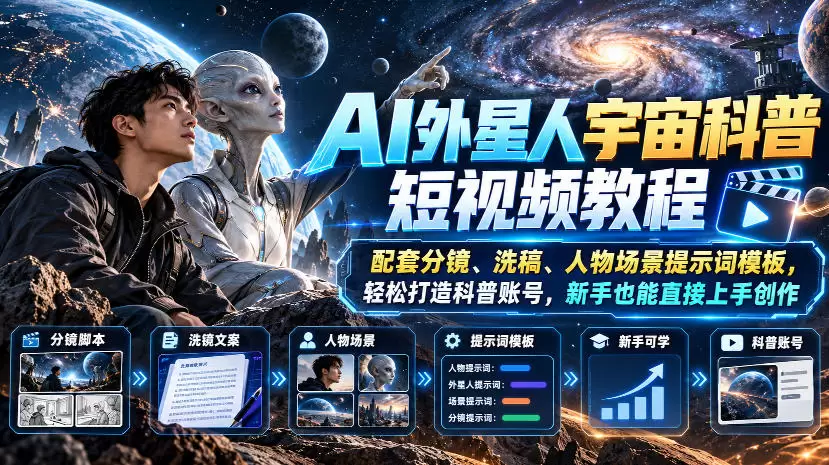 AI外星人宇宙科普短视频教程，配套分镜、洗稿、人物场景提示词模板，轻松打造科普账号，新手也能直接上手创作 - 青心资源站