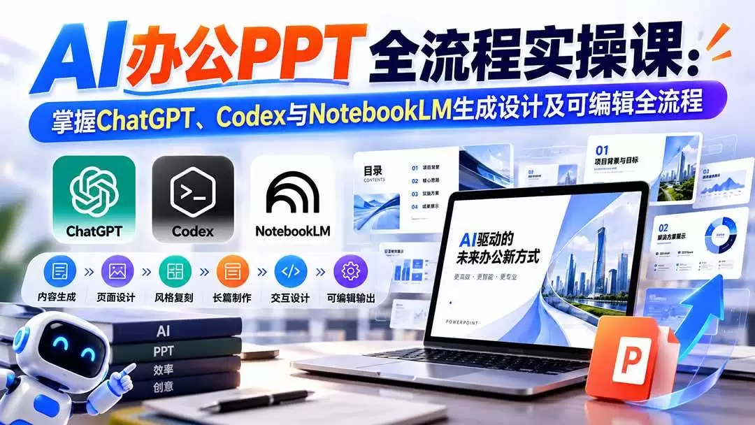 （20660期）【无水印】AI办公PPT全流程实操课： 掌握ChatGPT、Codex与NotebookLM生成设计及可编辑全流程 - 青心资源站