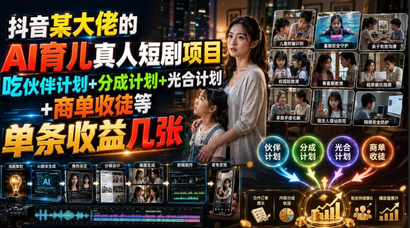 抖音某大佬的AI育儿真人短剧项目,吃伙伴计划+分成计划+光合计划+商单收徒等,单条收益几张 抖音某大佬的AI育儿真人短剧项目,吃伙伴计划+分成计划+光合计划+商单收徒等,单条收益几张